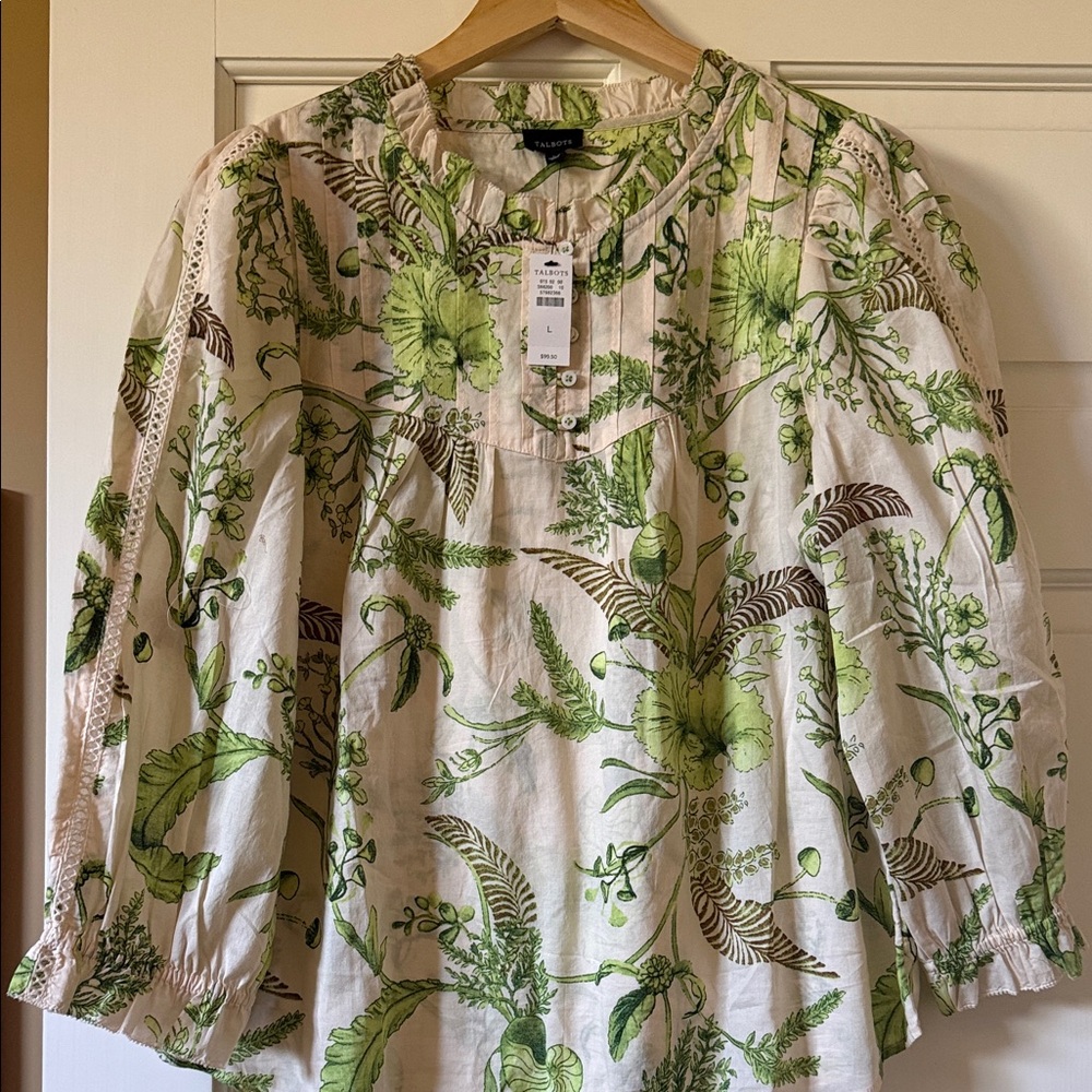 Talbots Cream Blouse with Green Botanical Print